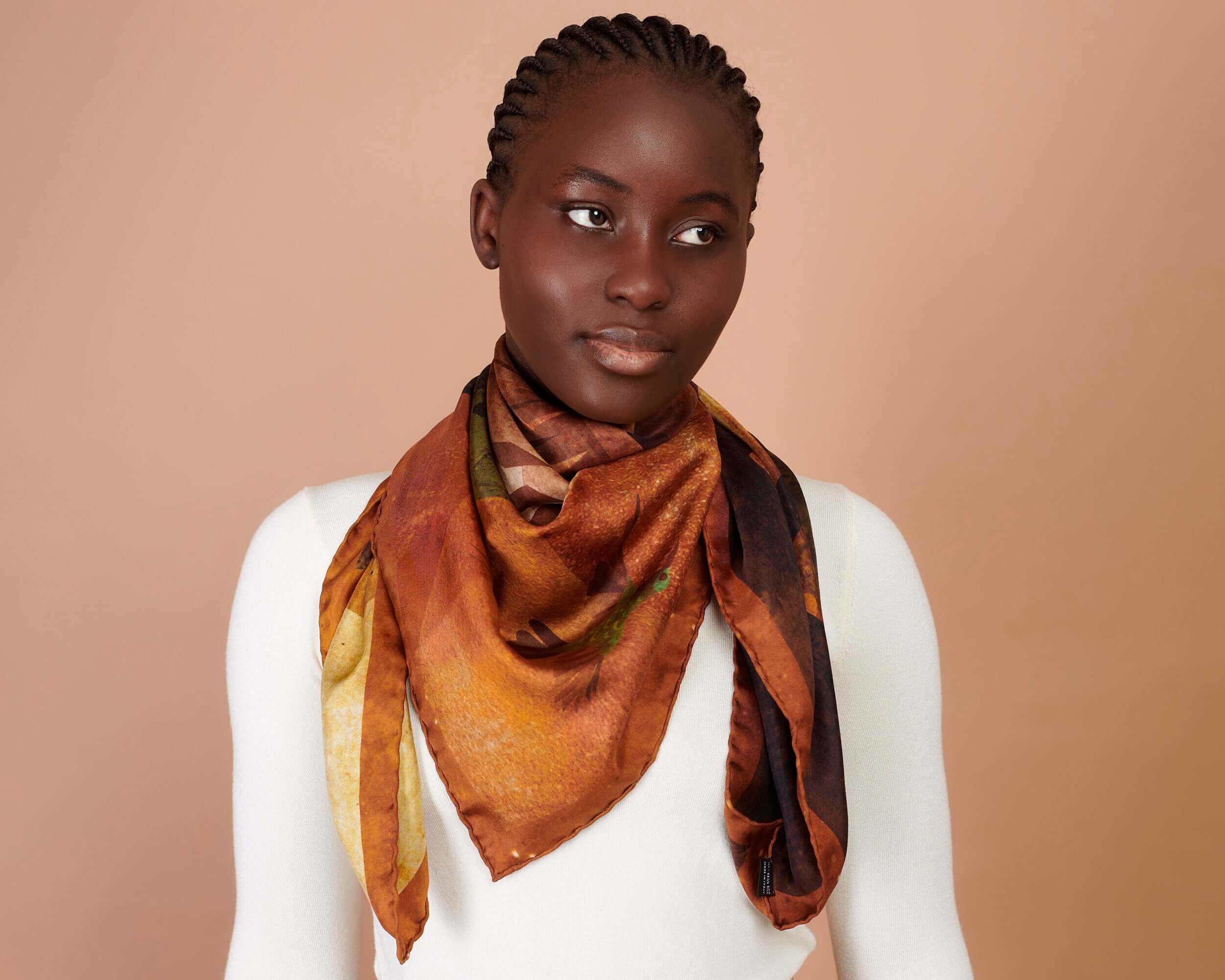 Silk Twill Scarf Elephant Rust Orange and Earth tones