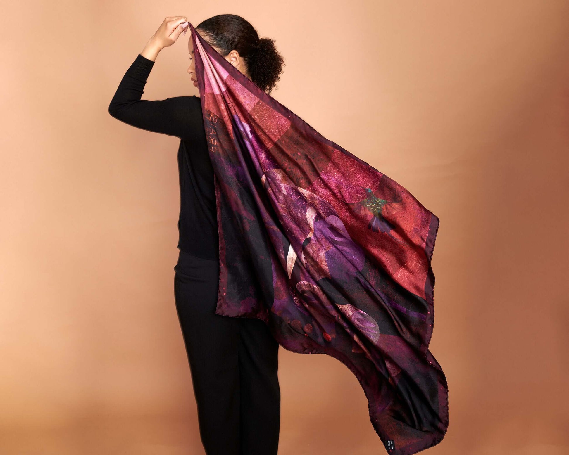 Silk Twill Scarf, Elephant and Calf Print, Rose Violet, Bordeaux and Plum Hues, Original Design, Made In Italy