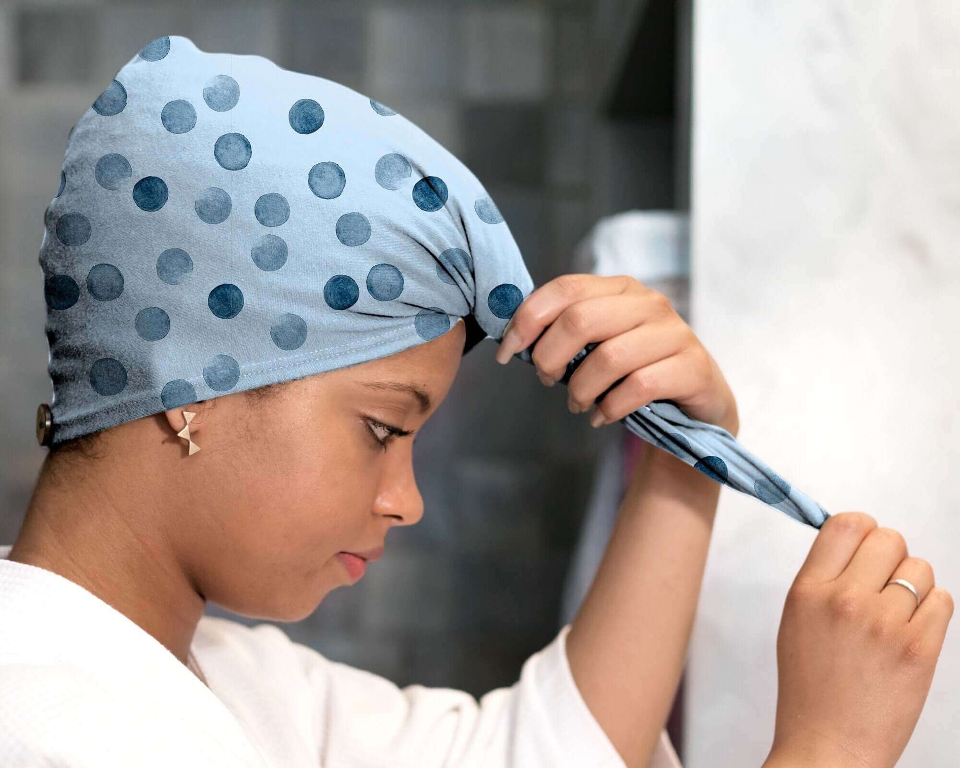 Blue Polka Dots T-Shirt Hair Towel Hood for Curly, Wavy, and Straight Hair - Soft, Absorbent, and Eco-Friendly