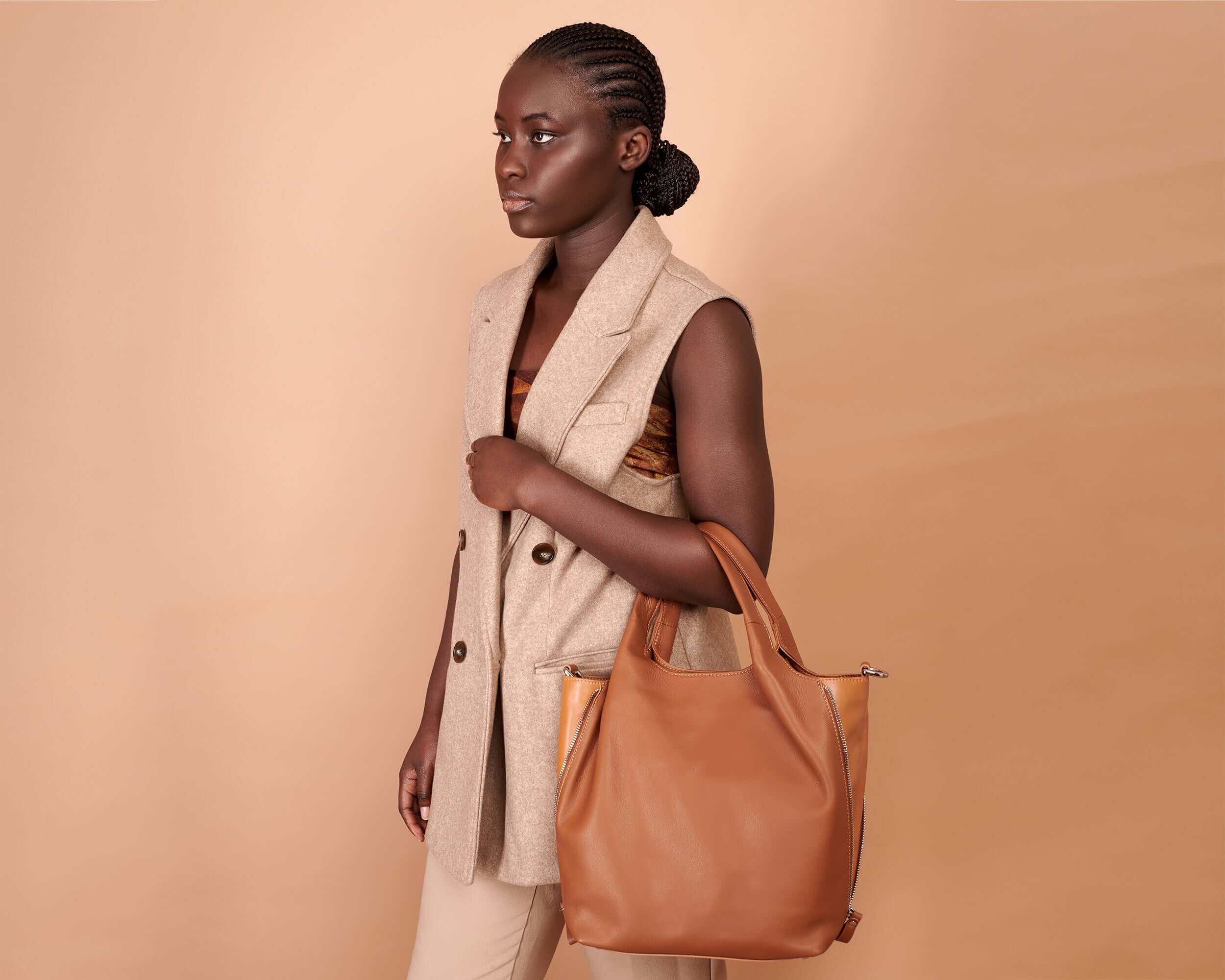 Camel Brown Italian Leather Tote Bag