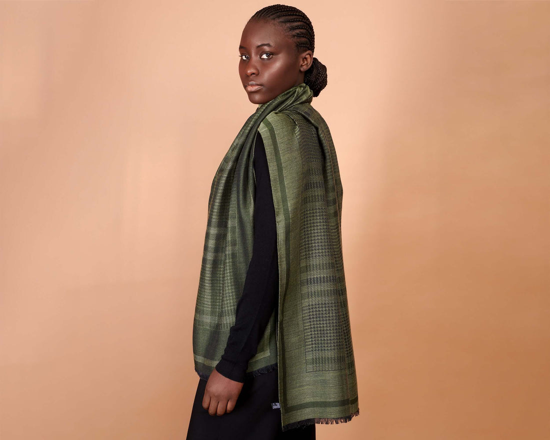 Olive Jacquard Scarf, Cashmere Silk Wool Blend