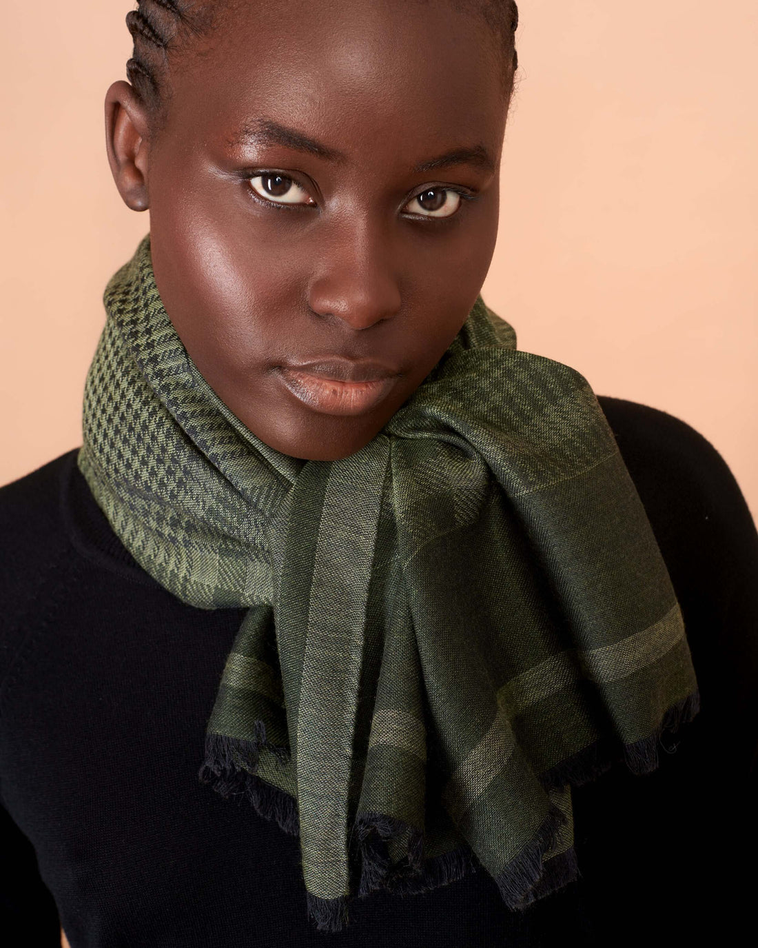 Olive Jacquard Scarf, Cashmere Silk Wool Blend