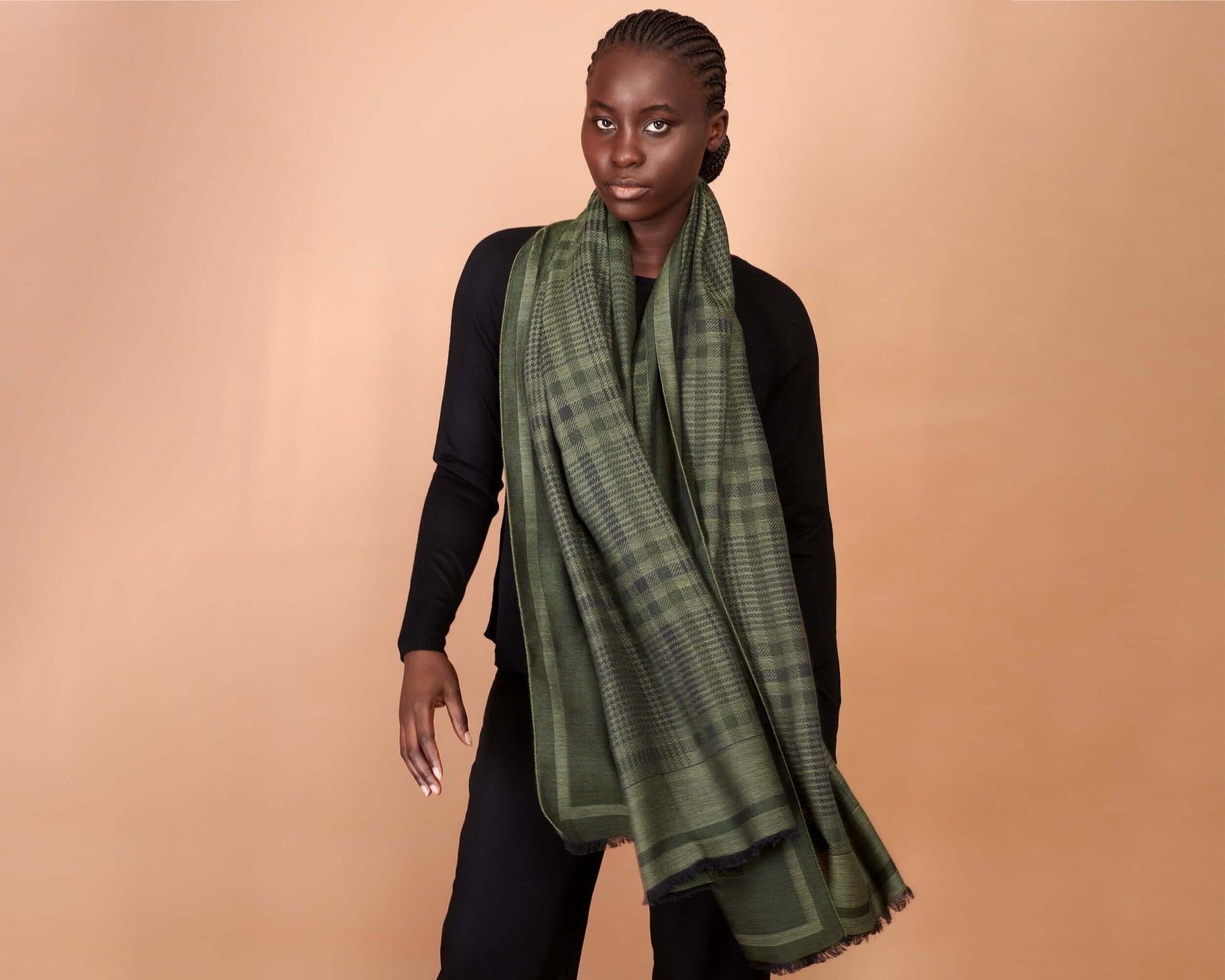 Olive Jacquard Scarf, Cashmere Silk Wool Blend