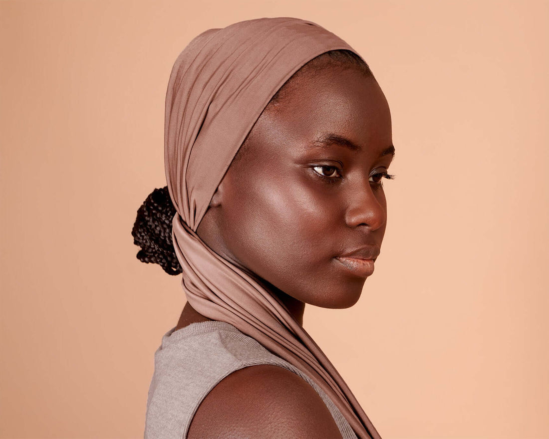 woman wearing a Wide Boho Hair Wrap - Effortless Style & Comfort (Mocha Rose)