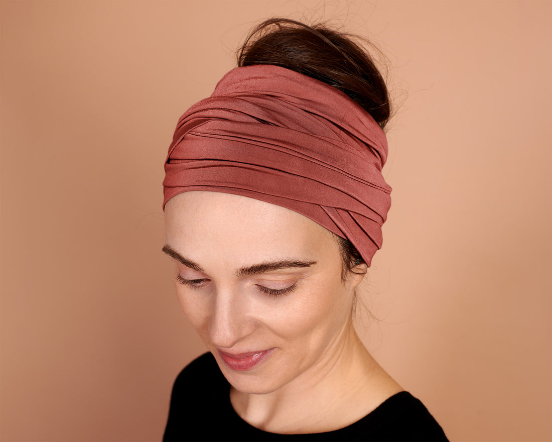 Woman wearing a Clay Rose Boho Head Wrap Wide Hair Wrap