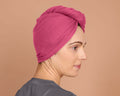 woman wearing a Berry Pink T-Shirt Hair Towel Hood for Curly, Wavy, and Straight Hair - Soft, Absorbent, and Eco-Friendly