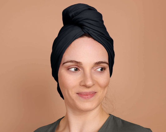 A Black T-Shirt Hair Towel for Curly, Wavy, and Straight Hair - Soft, Absorbent, and Eco-Friendly