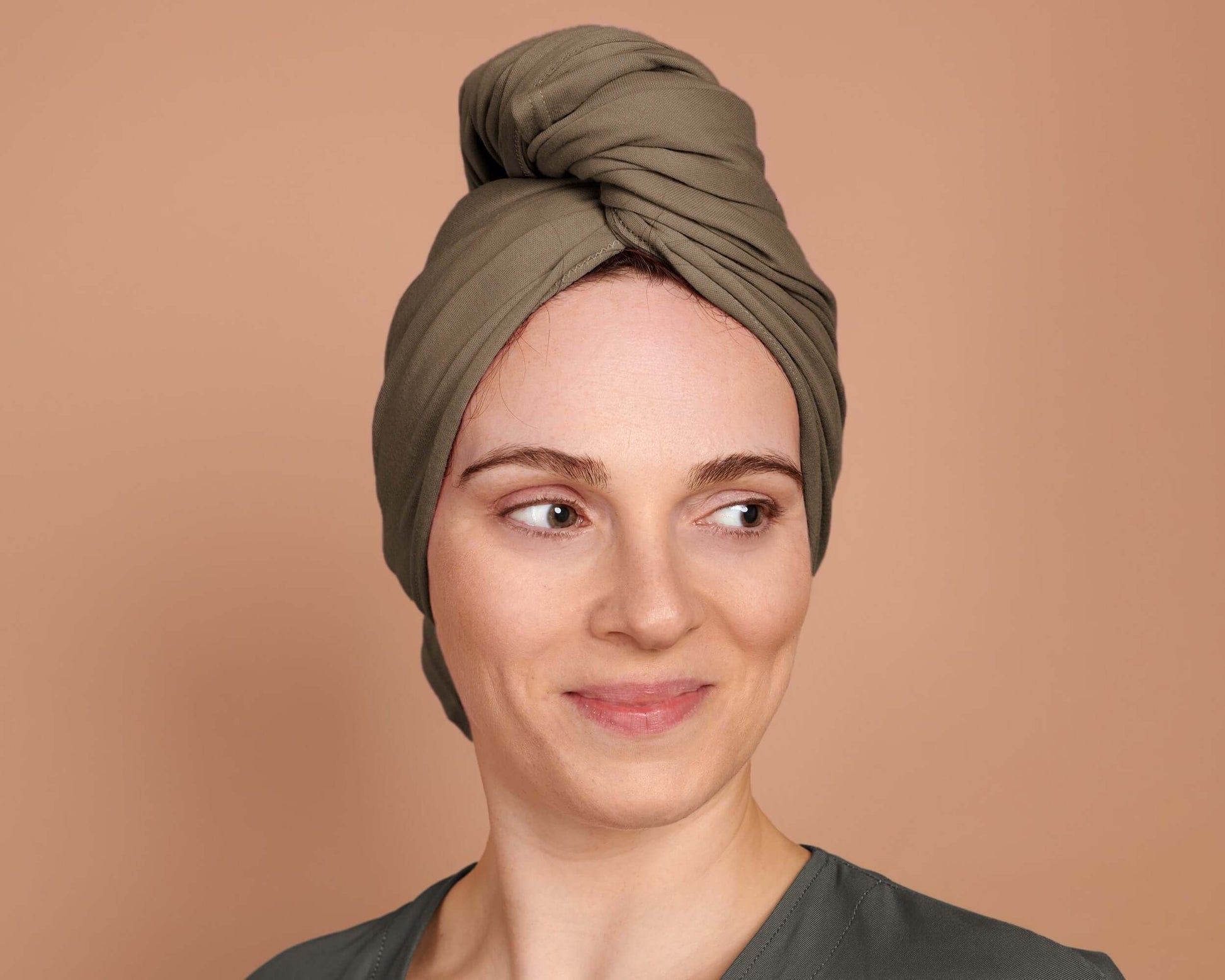 A Brown Khaki T-Shirt Hair Towel for Curly, Wavy, and Straight Hair - Soft, Absorbent, and Eco-Friendly