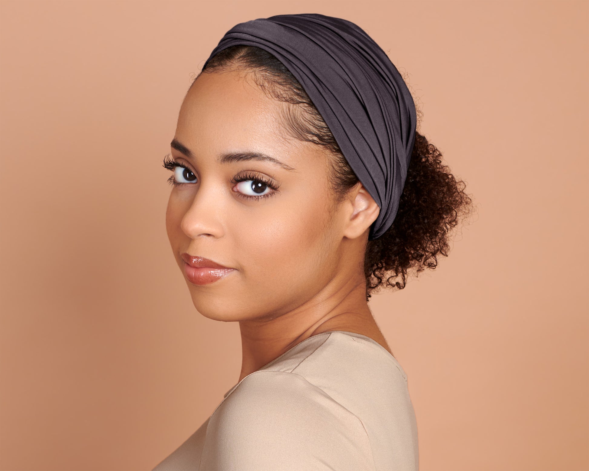 Woman wearing a Boho Head Wrap Wide Hair Wrap - Graphite