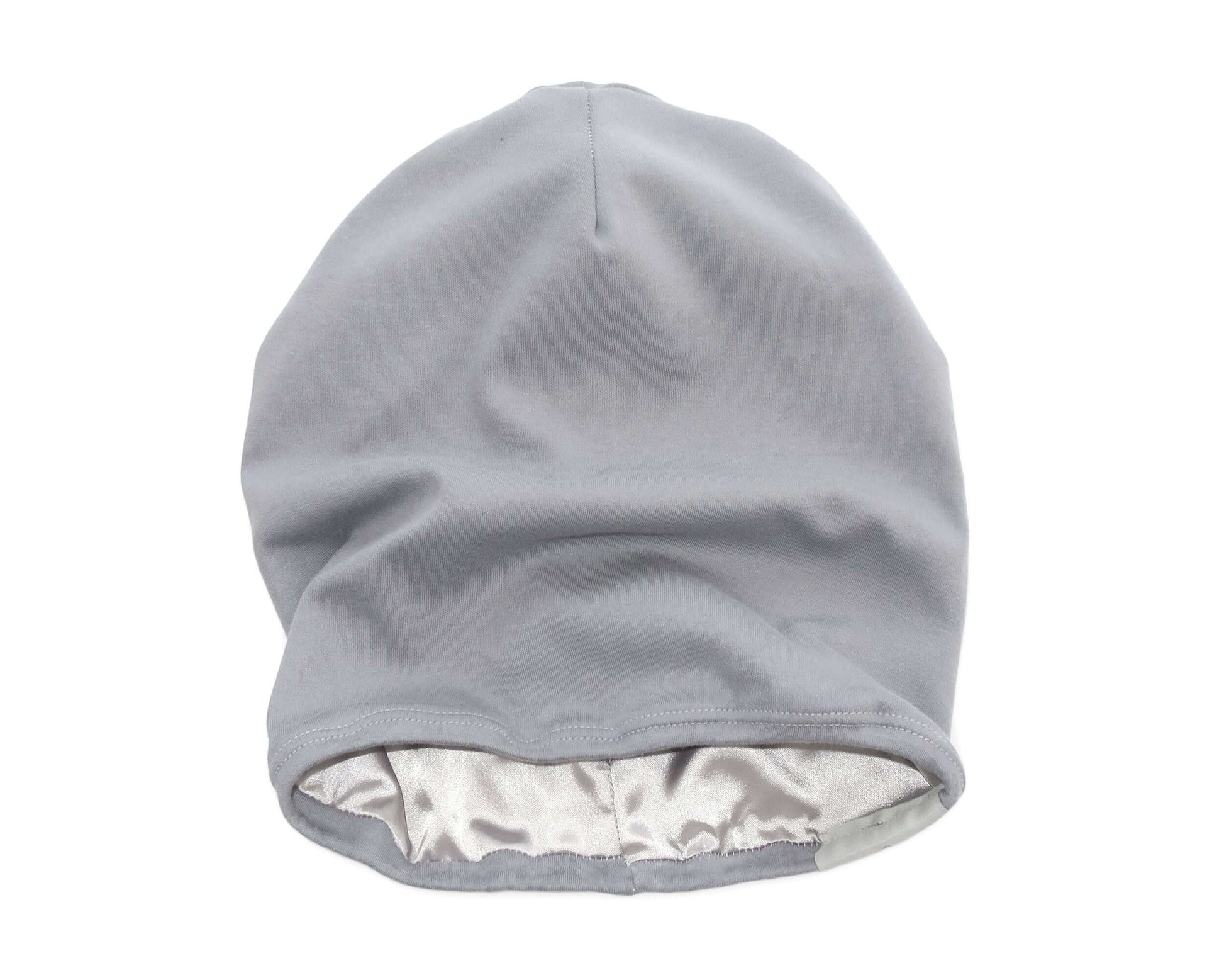 Gray satin-lined beanie on a white background