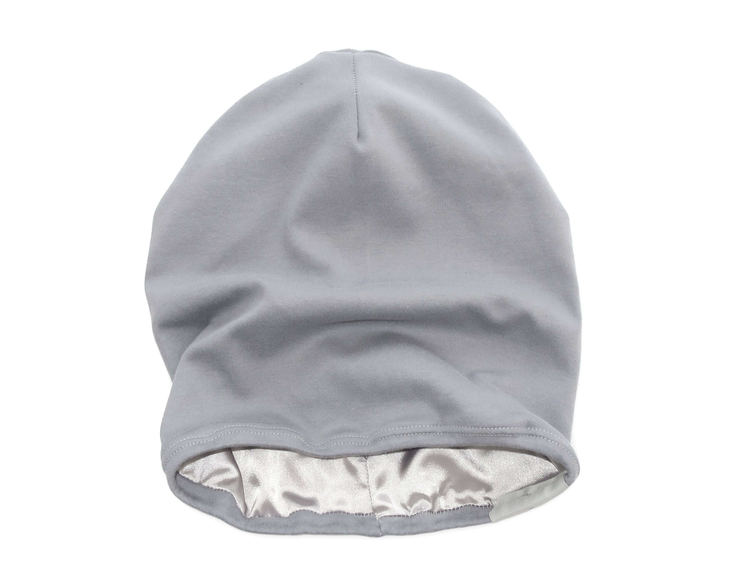 Gray satin-lined beanie on a white background