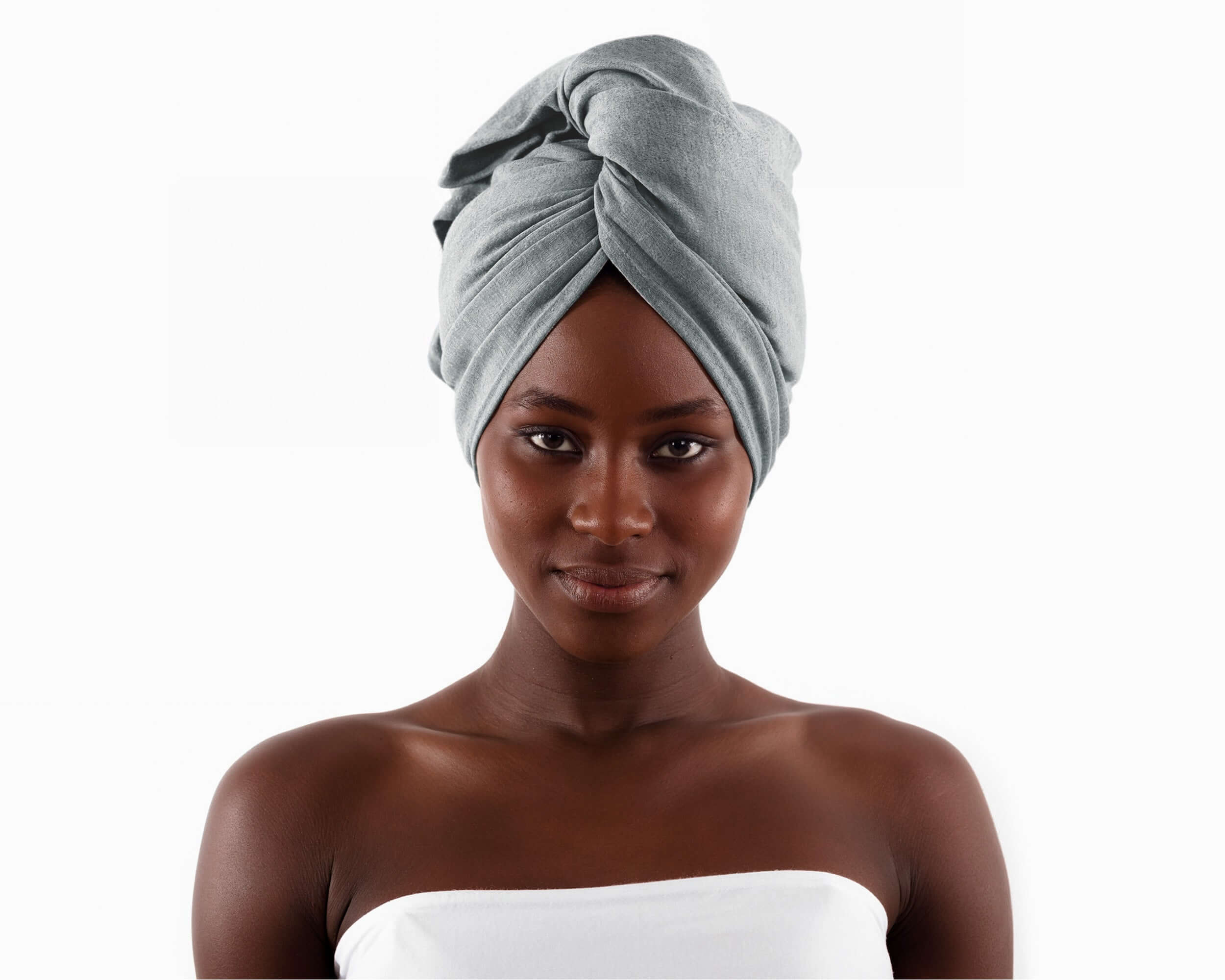 Woman using a T-shirt Eco-Friendly Hair Towel for Curly, Wavy, and Straight Hair - Soft, Absorbent, and Eco-Friendly in Gray