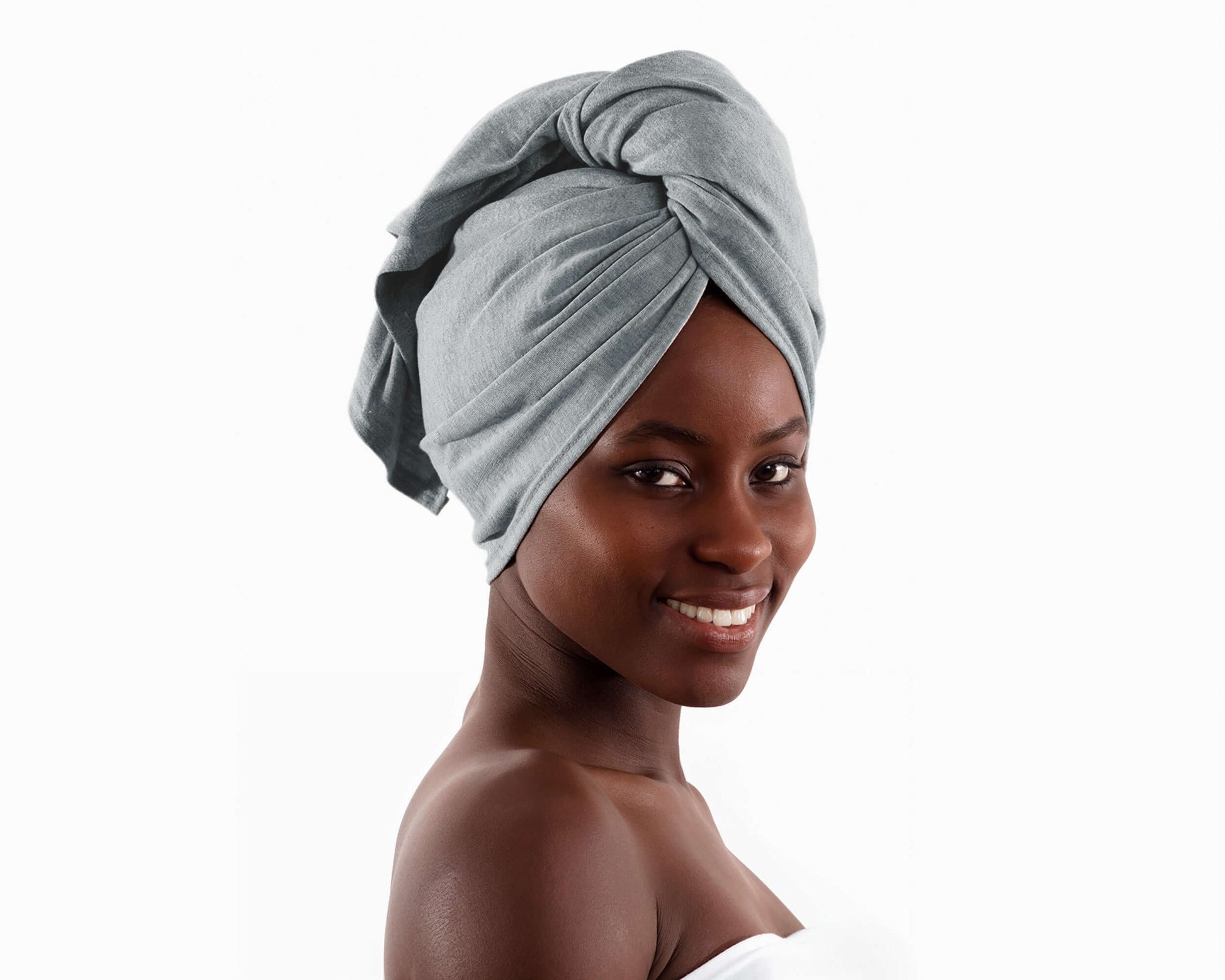 Woman using a T-shirt Eco-Friendly Hair Towel for Curly, Wavy, and Straight Hair - Soft, Absorbent, and Eco-Friendly in Gray