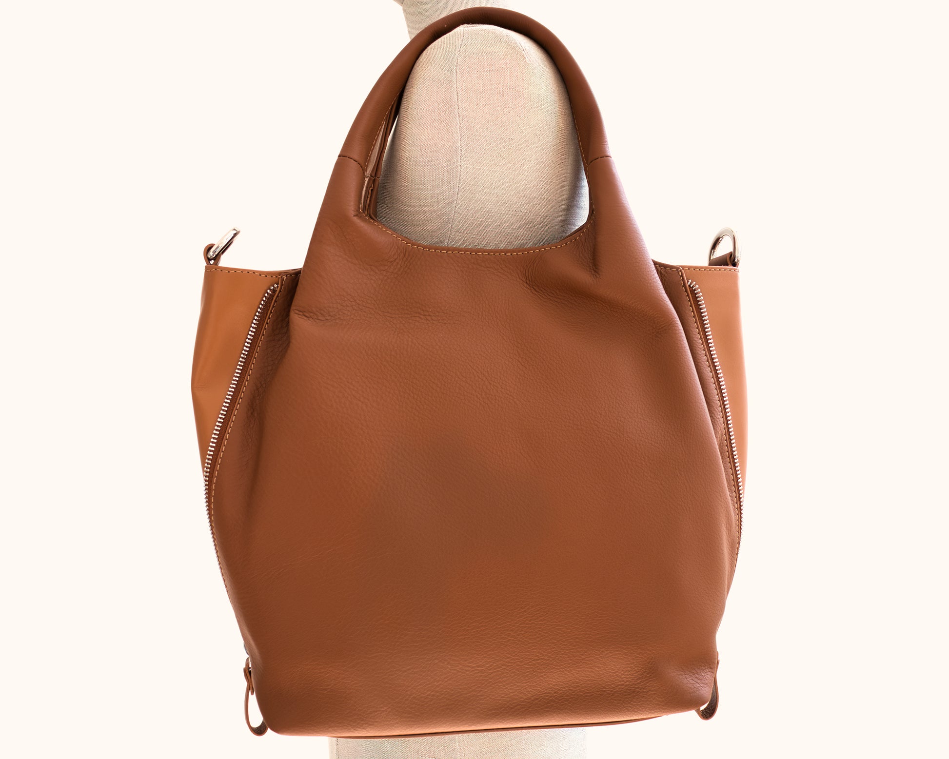 Double Loop Satchel, Camel Brown Italian Leather Tote Bag,