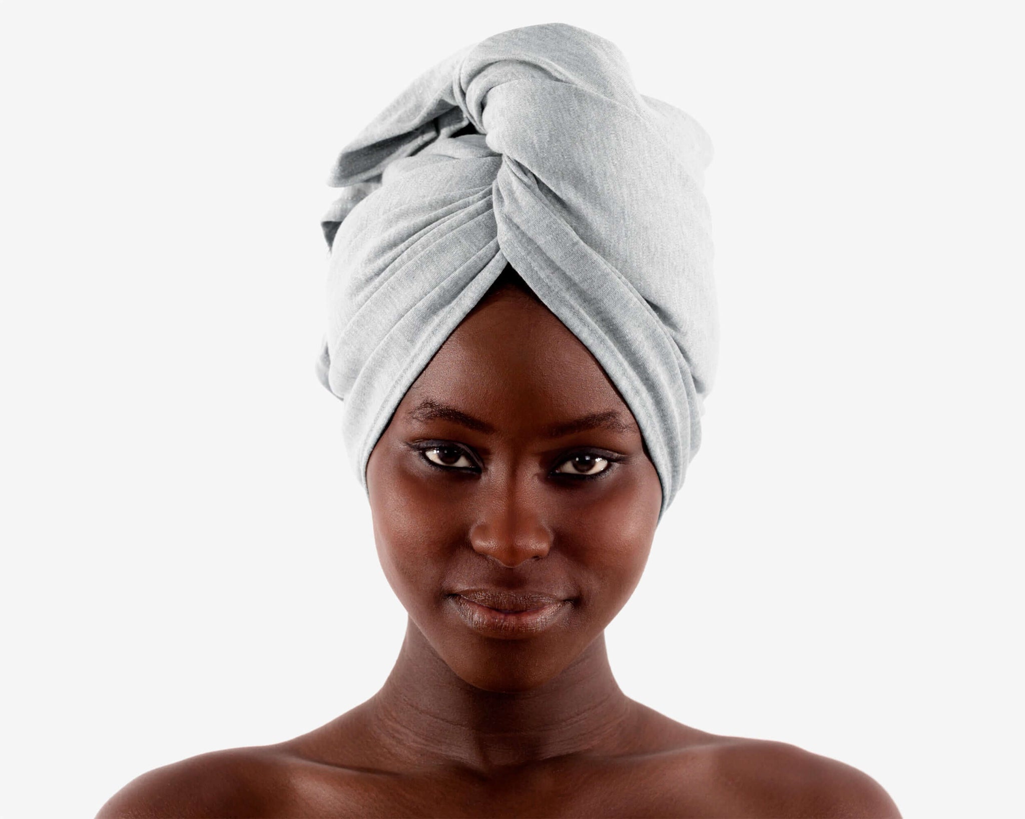 woman wearing a T-Shirt Hair Towel for Curly, Wavy, and Straight Hair - Soft, Absorbent, and Eco-Friendly in Heather Gray