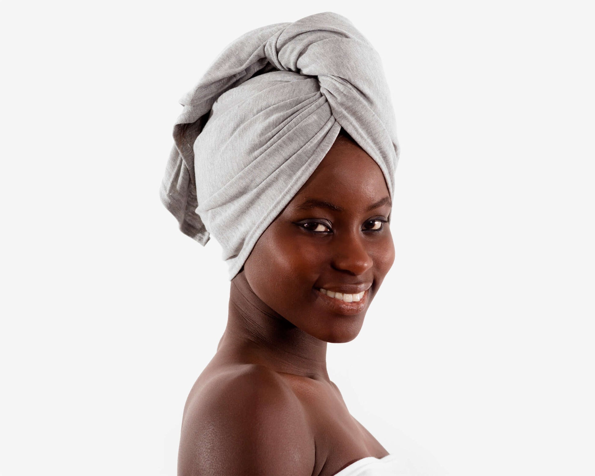 woman wearing a T-Shirt Hair Towel for Curly, Wavy, and Straight Hair - Soft, Absorbent, and Eco-Friendly in Heather Gray