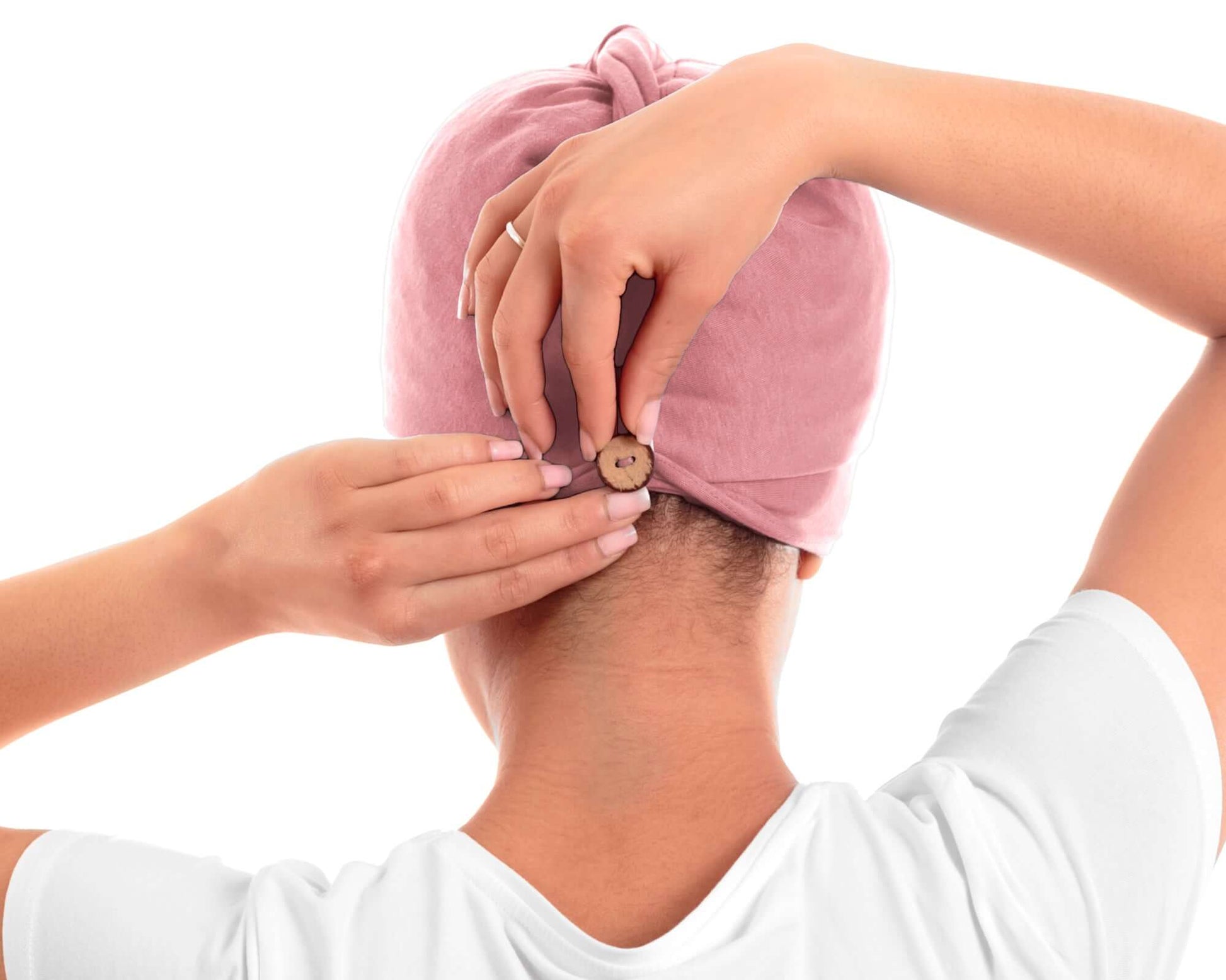 Woman using a Pastel Rose T-Shirt Hair Towel Hood for Curly, Wavy, and Straight Hair - Soft, Absorbent, and Eco-Friendly