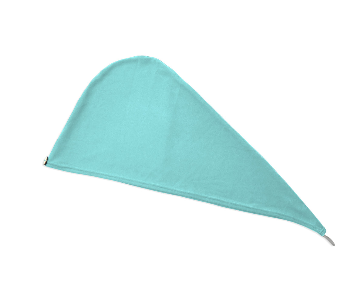 A T-shirt Eco-Friendly Hair Towel Hood, for Curly, Wavy, and Straight Hair - Soft, Absorbent in Aqua Blue, shown on a plain white background.