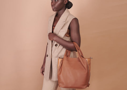 Métier Incognito Small Handmade Cabas Tote Bag Smooth Italian Calfskin Leather White Sand and Taupe Grey