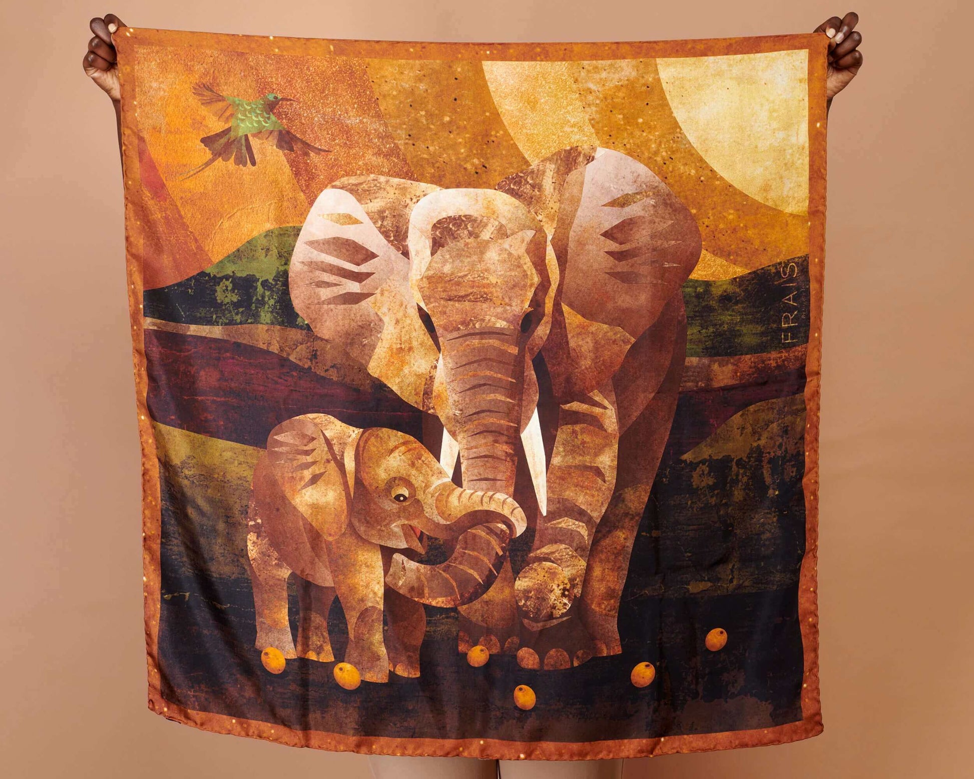 Silk Twill Scarf, Elephant and Calf Print, Rust Orange and Earthtone Hues, Original Design, Made In Italy