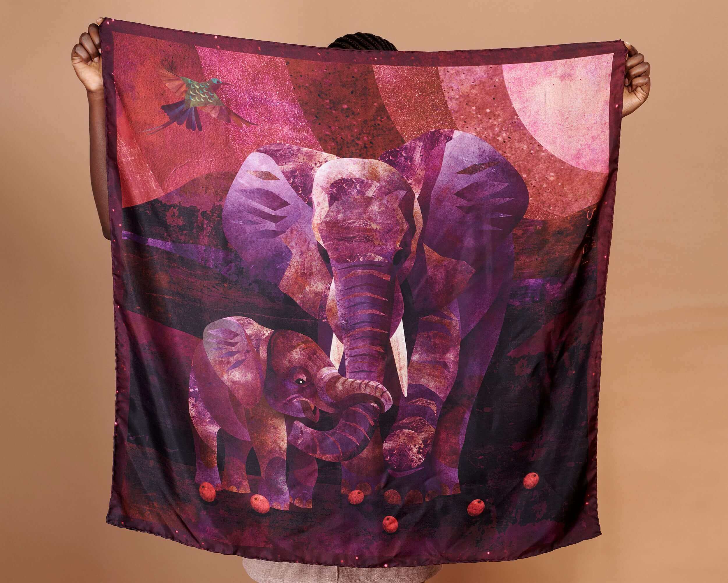 Silk Twill Scarf Elephant Burgundy Red and Plum – Breezy Tee