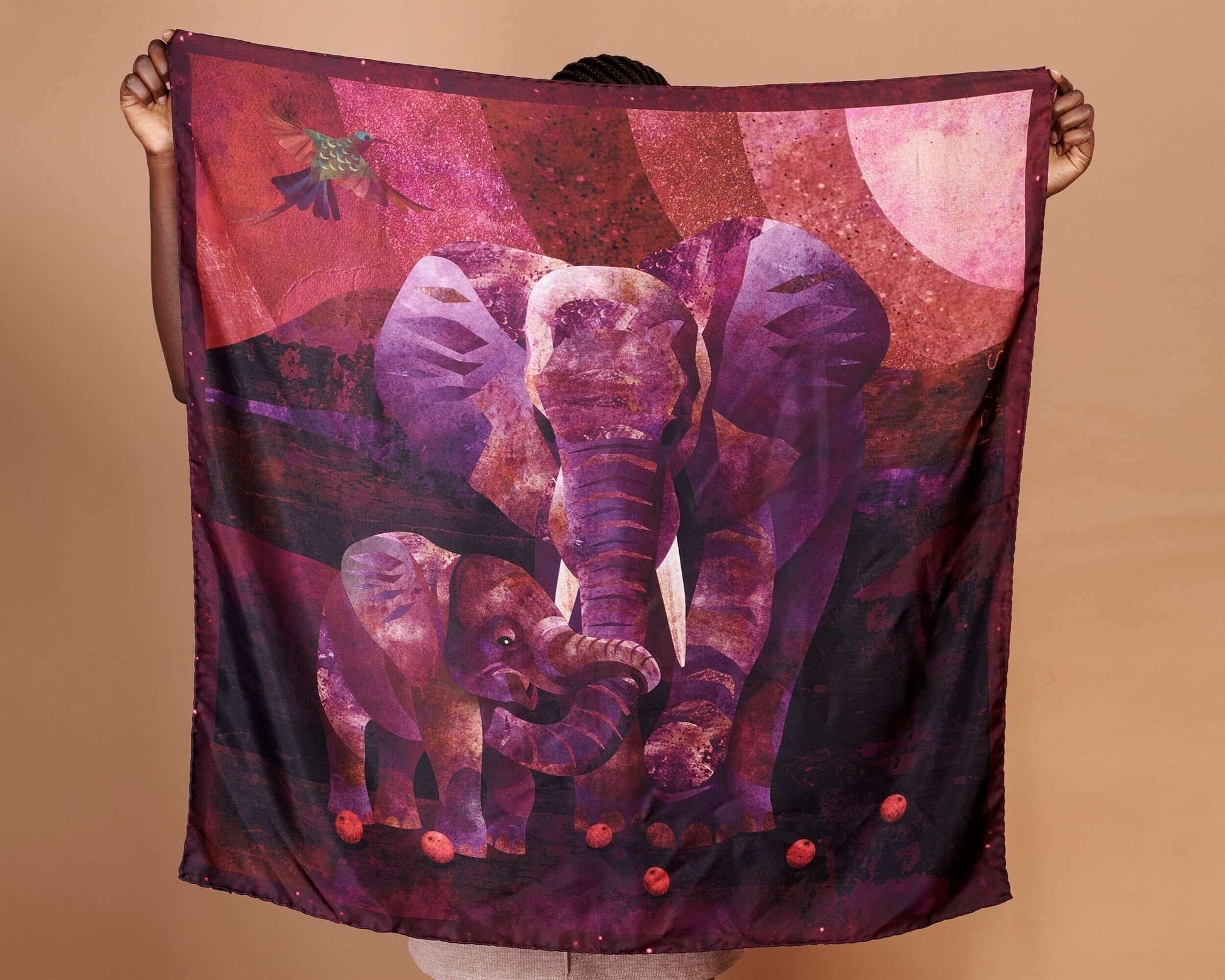 Silk Twill Scarf, Elephant and Calf Print, Rose Violet, Bordeaux and Plum Hues, Original Design, Made In Italy