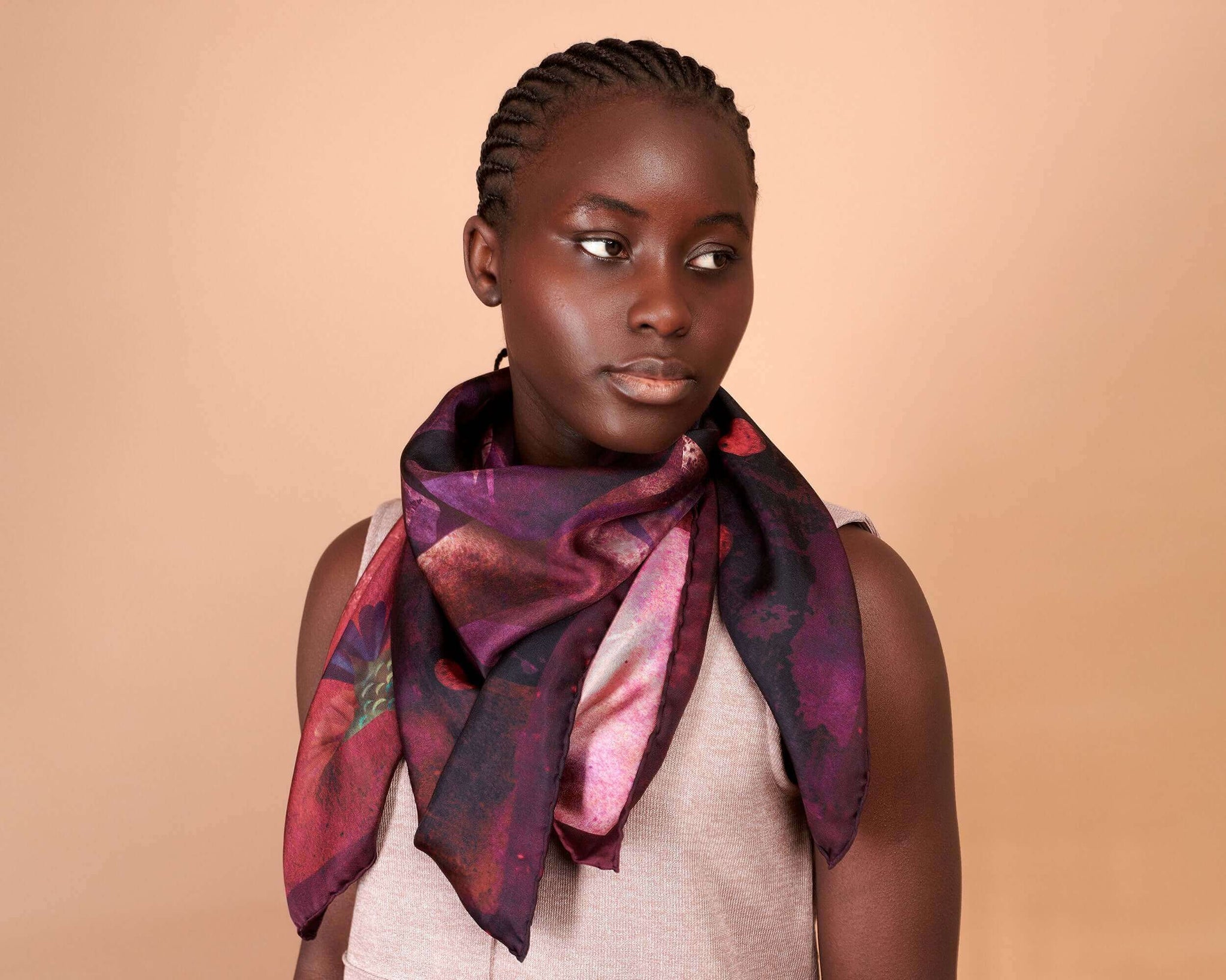 Silk Twill Scarf, Elephant and Calf Print, Bordeaux and Plum Hues, Original Design, Made In Italy