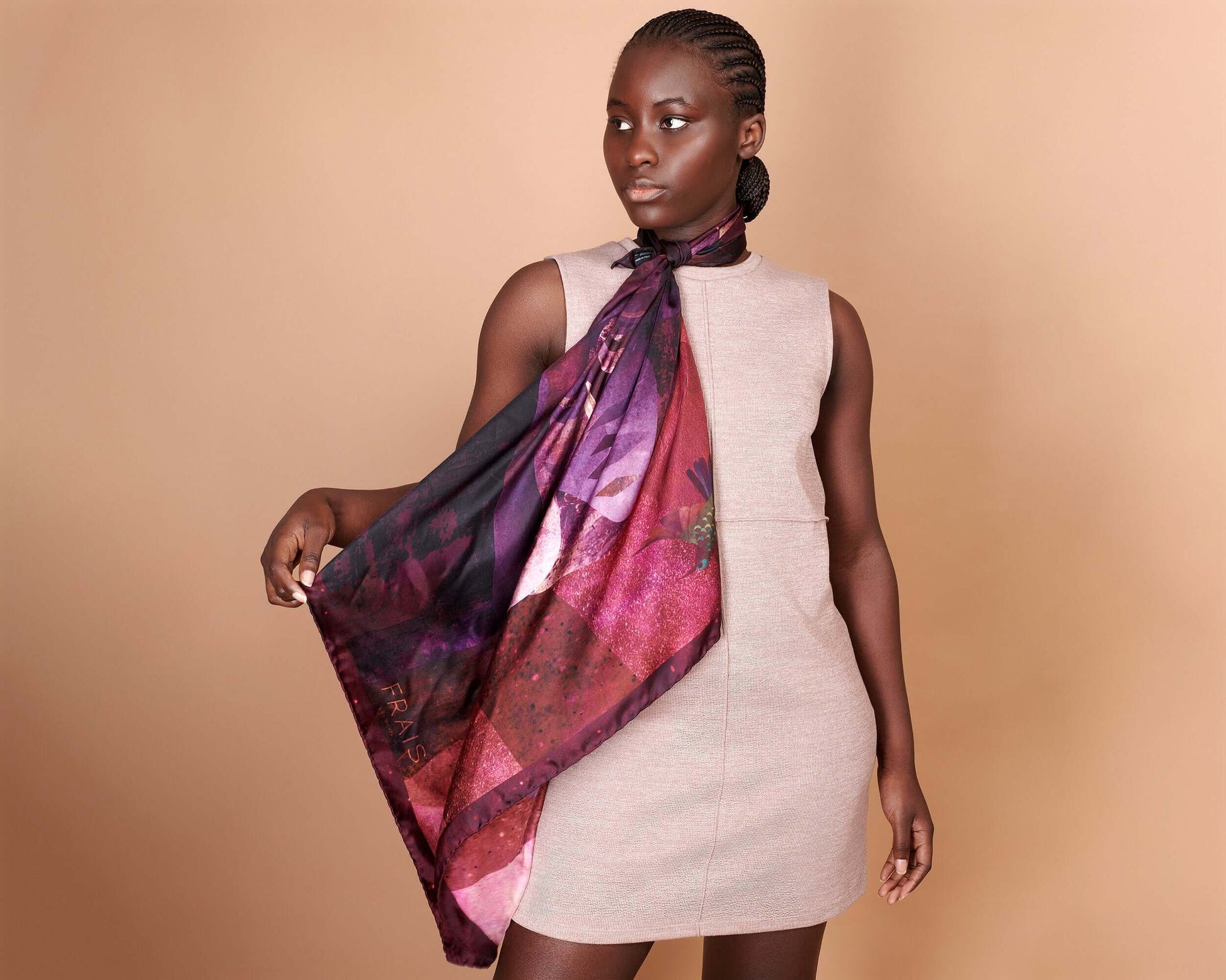 Silk Twill Scarf Elephant Burgundy Red and Plum - Main Image