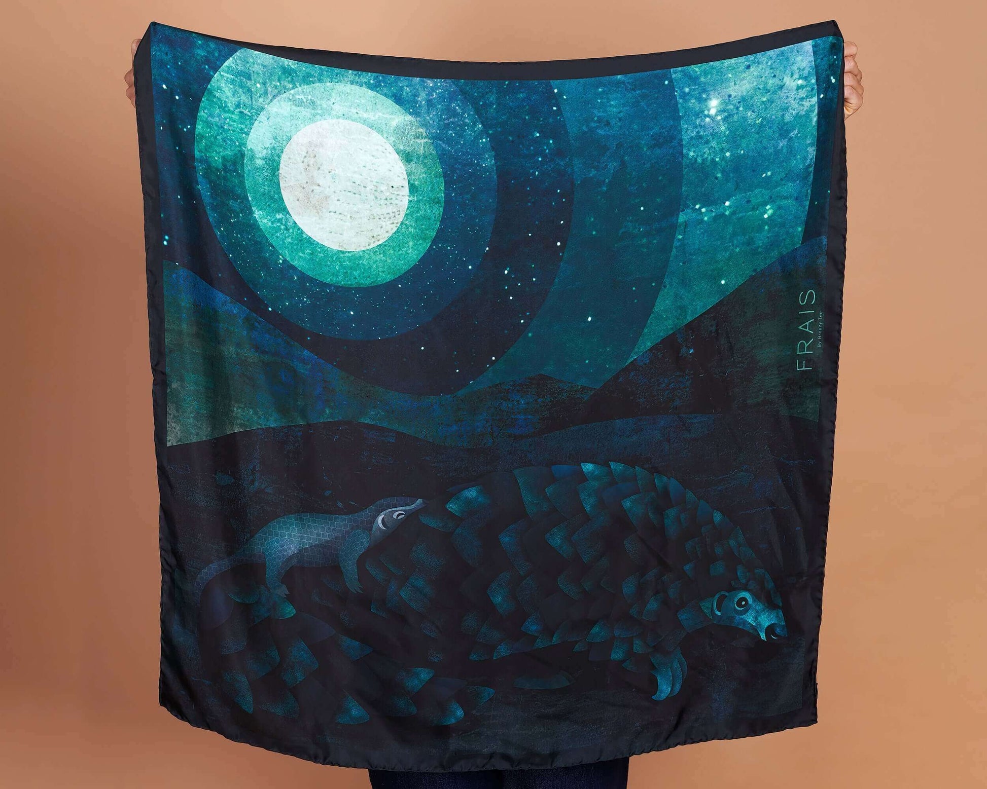 Silk Twill Scarf Pangolin Teal and Indigo Blue, Made In Italy, Hand Rolled