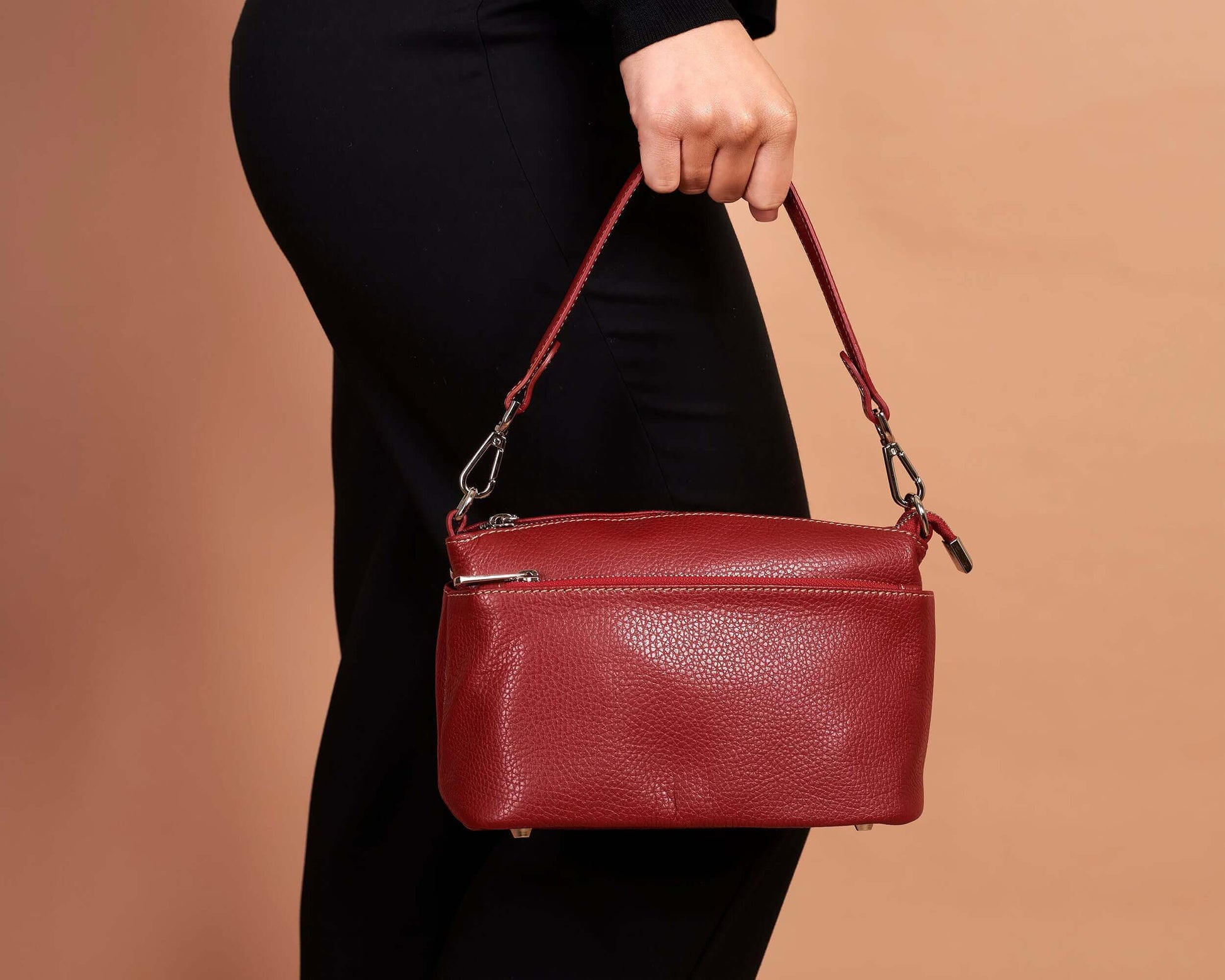 Bordeaux Leather Shoulder Bag, Small Crossbody Bag, Three Compartments, Made In Italy, Genuine Leather, "Fifi" Bag