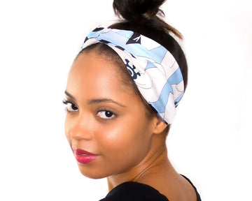Floral, Silk Twill, Sky Blue & White, Turban Headband, 100% Silk, Sustainable Luxury, Spring, Eco-Friendly Fabric