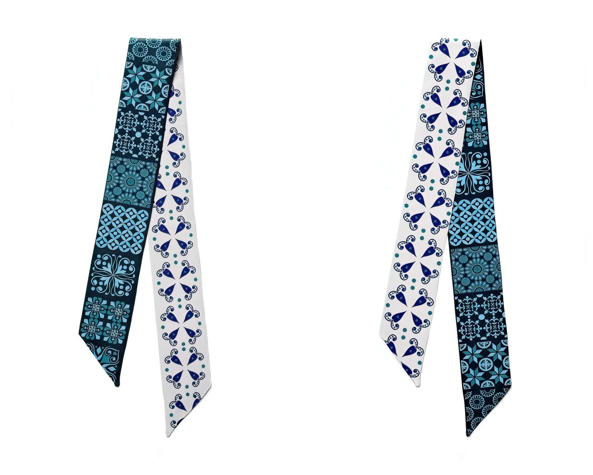 Double-Sided Portuguese Tiles Print Silk Twill Skinny Scarf