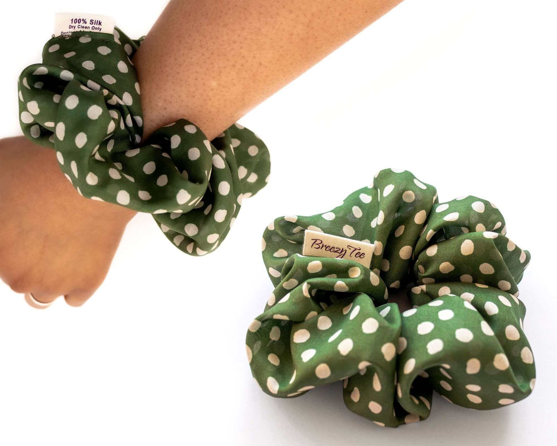 Polka Dot, Silk Twill Scrunchie 100 % Silk, Large, Khaki, Sustainable Luxury, Eco-Friendly Fabric