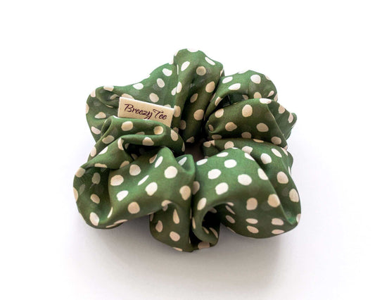 Polka Dot, Silk Twill Scrunchie 100 % Silk, Large, Khaki, Sustainable Luxury, Eco-Friendly Fabric