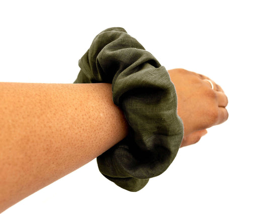 Khaki Linen Scrunchie Large Organic Elastic Luxury Sustainable, Eco-Friendly Fabric
