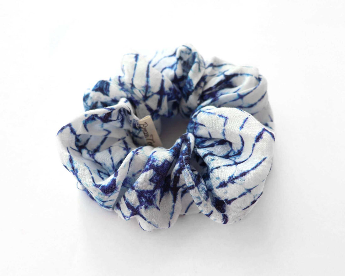 Tie Dye Linen Scrunchie Original Shibori Design Indigo Large Organic Elastic Luxury Sustainable, Eco-Friendly Fabric
