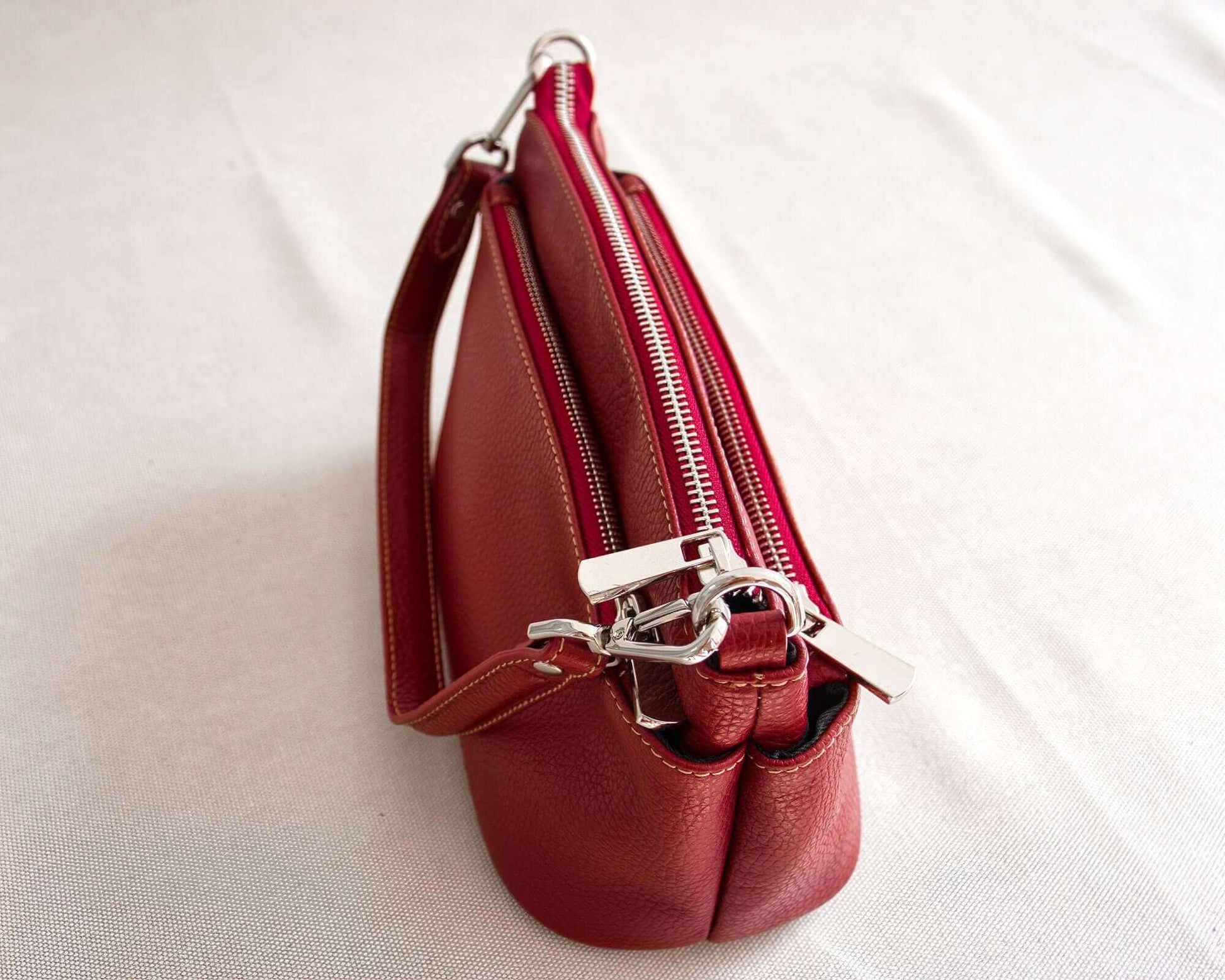 Bordeaux Leather Shoulder Bag, Small Crossbody Bag, Three Compartments, Made In Italy, Genuine Leather, "Fifi" Bag