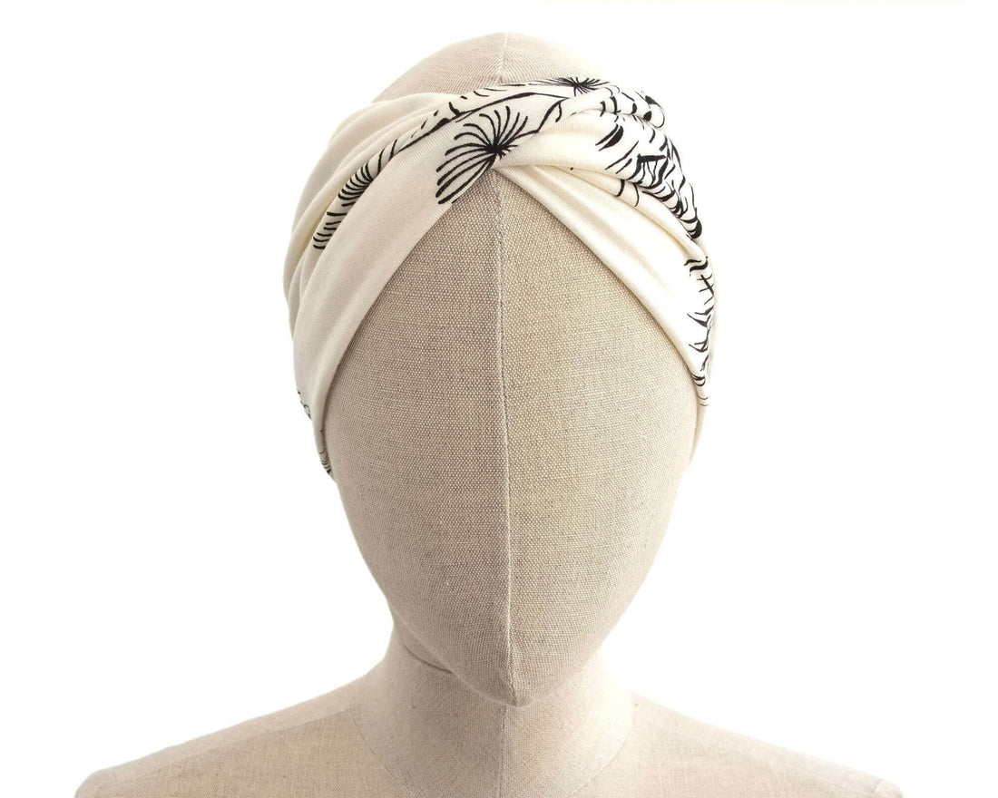 Black & White, Twist Stretch Headband, Floral Print, Viscose Fabric (wood pulp) Mix, Pattern Placement Varies